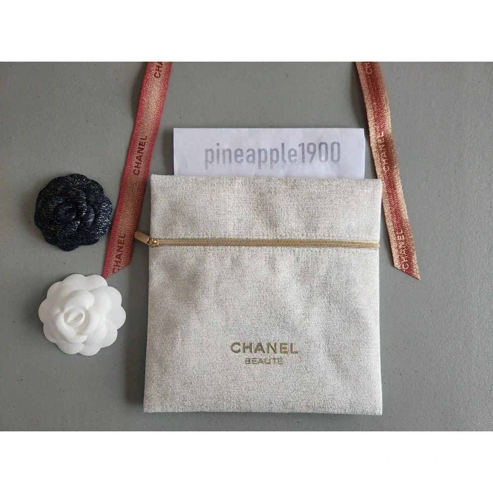NEW CHANEL Makeup Bag Pouch Camellia Flower Glittered Ribbon Beige